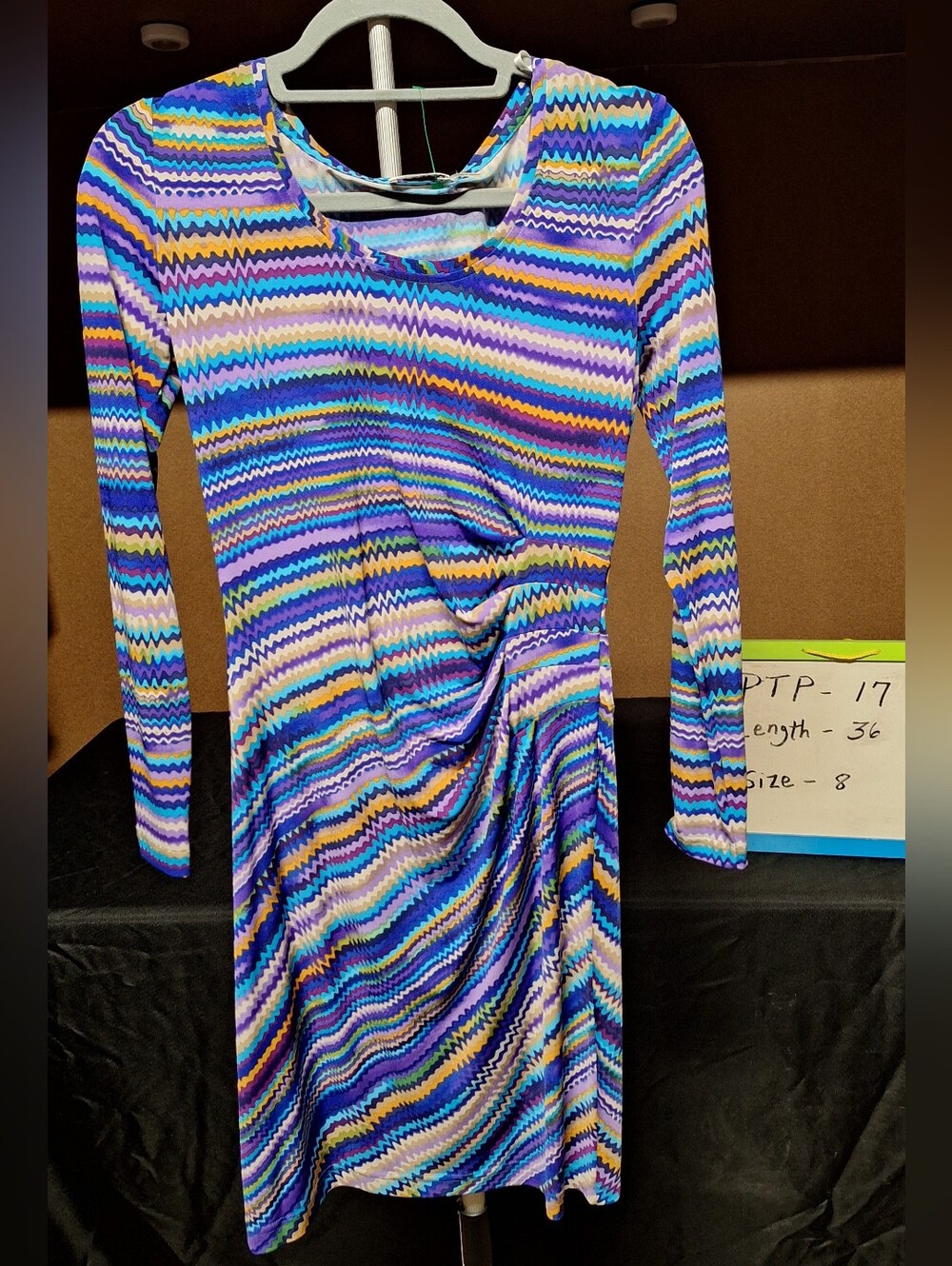 Calvin Klein Multi-Color Chevron Ruched Long Sleeve Dress